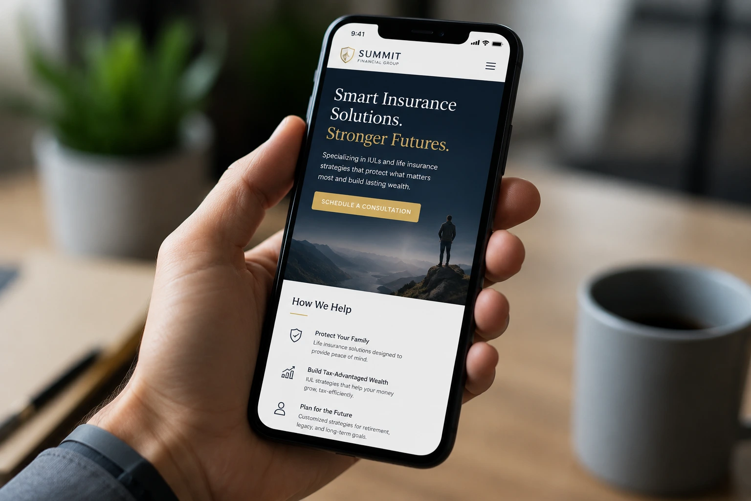 Smartphone showing a clean, fast-loading insurance producer website with a clear headline and call to action