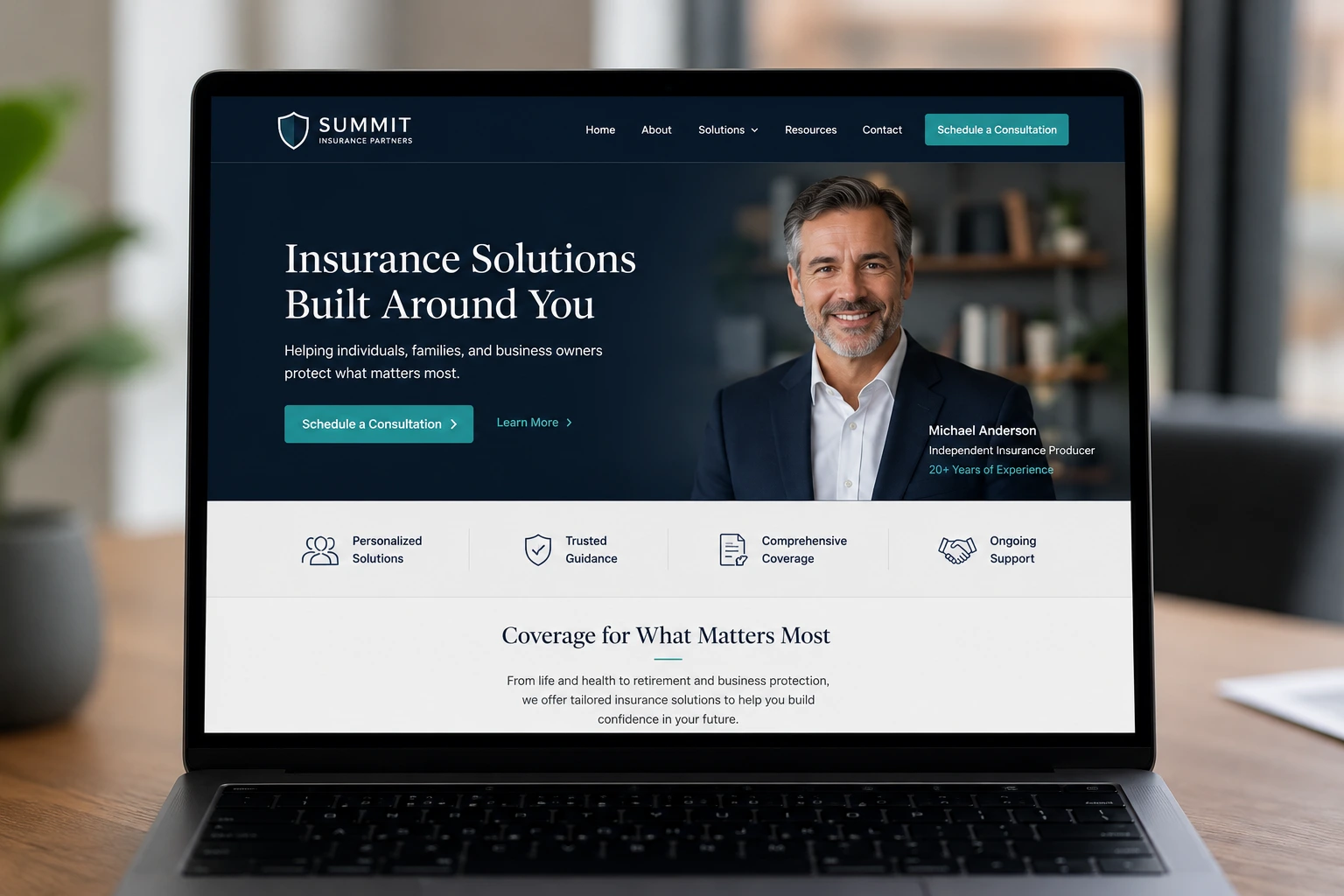 Clean, modern insurance producer website mockup on a laptop screen