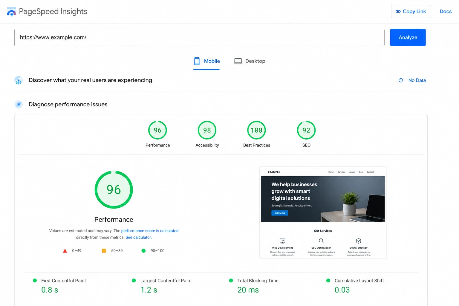 Google PageSpeed Insights report showing scores of 90 to 100 across Performance, Accessibility, Best Practices, and SEO