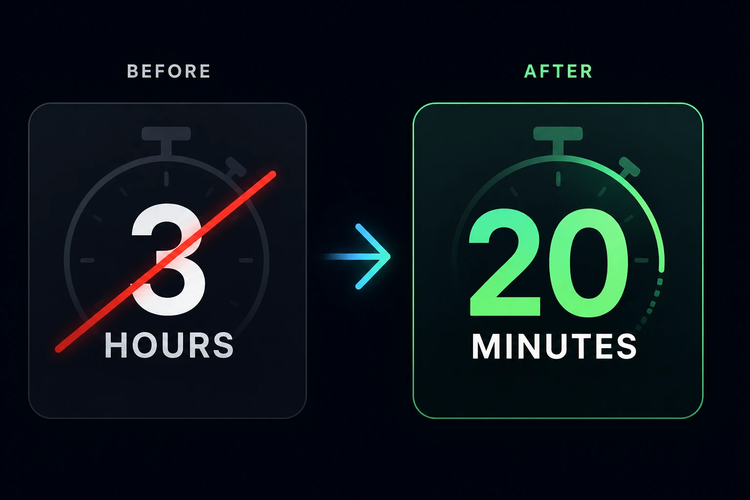 Before and after time comparison: three hours crossed out, replaced with twenty minutes