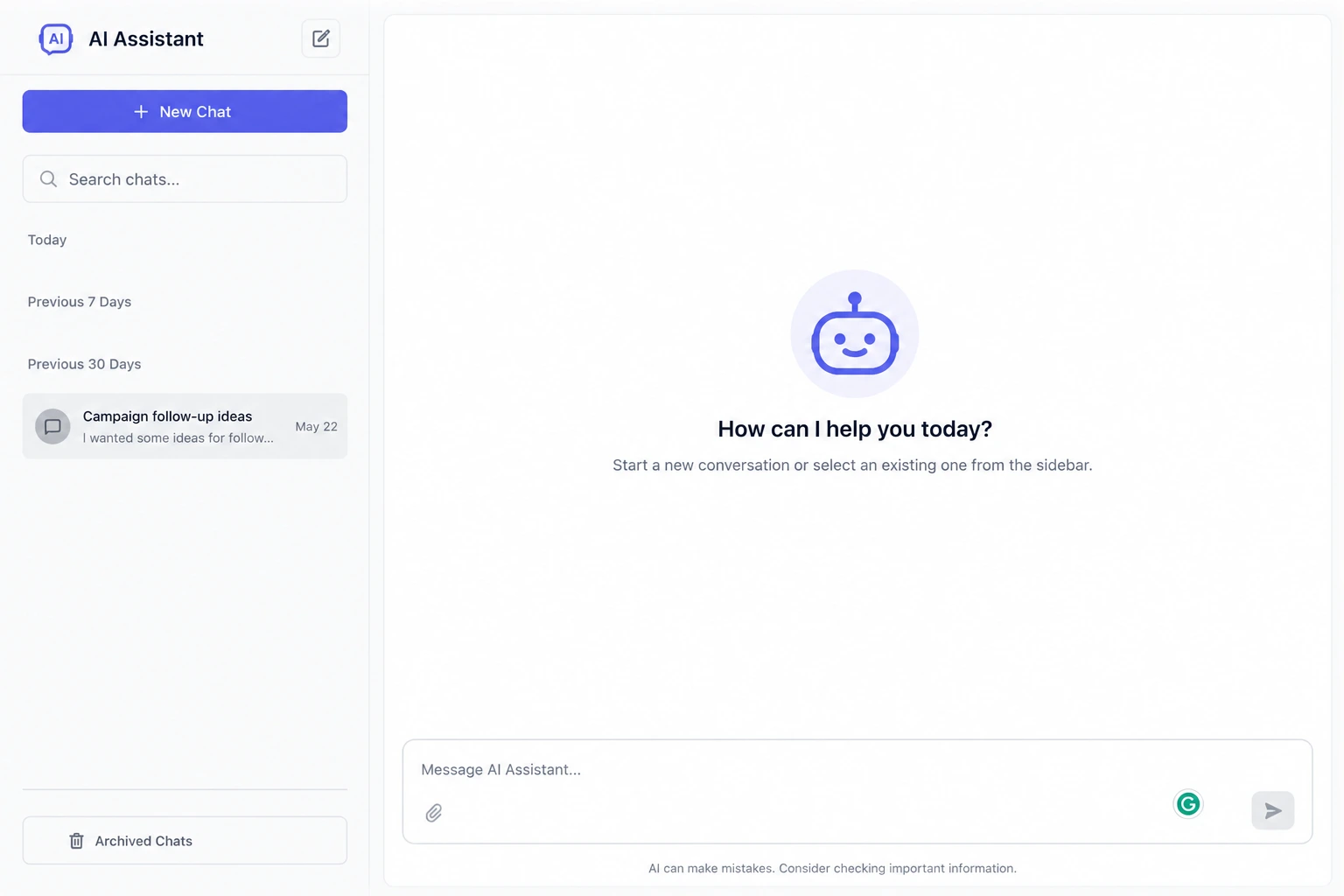 Generic AI chat interface with a single abandoned conversation thread, dated weeks ago