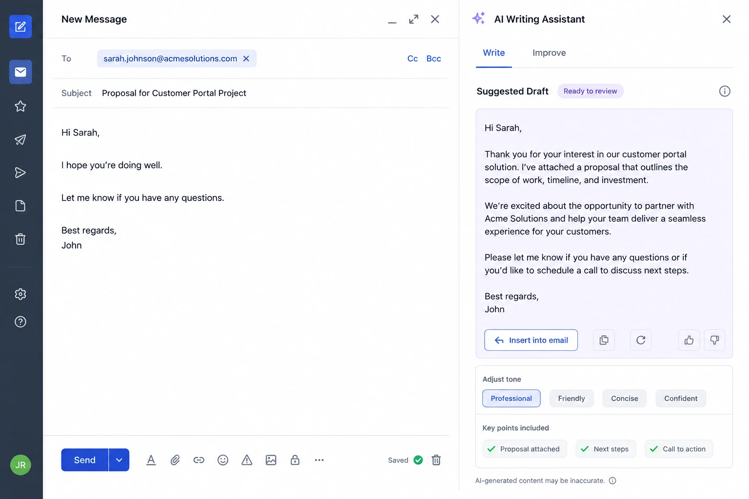 Email interface showing an AI-suggested draft message ready for review before sending